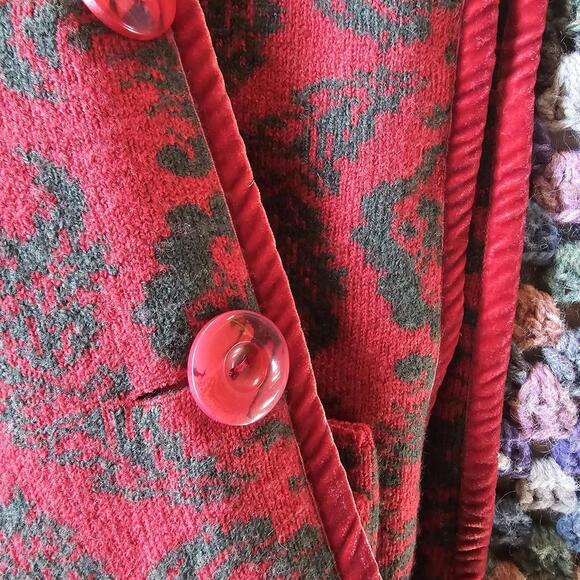 Amore Wool Sweater Dress Red Black Floral Button Down w Two Front Pockets Med - Picture 5 of 5